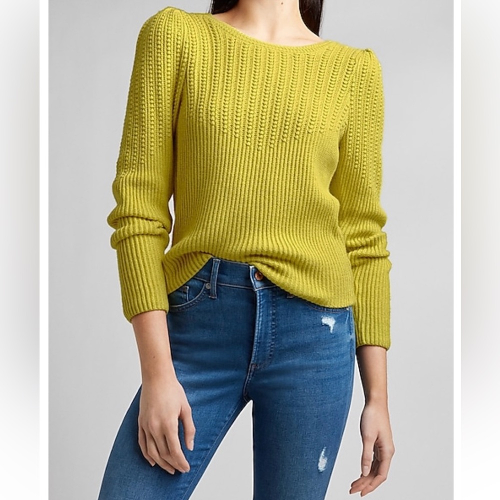 *ISO* XS/XXS Express Lime Green Sweater - Mixed Stitch Puff Sleeve Crew Neck